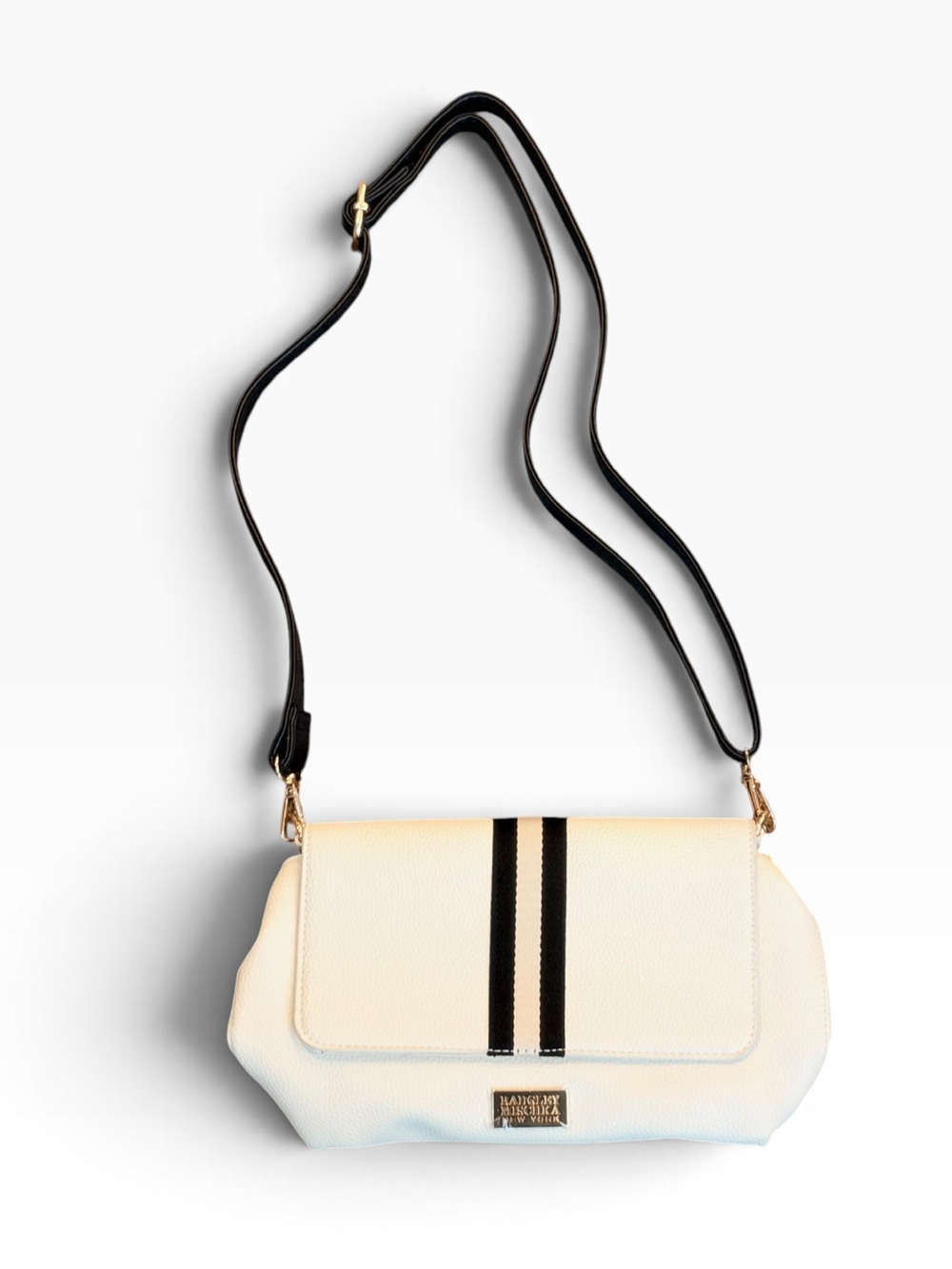 Badgley Mischka White Black Stripe Vegan Leather Crossbody Bag